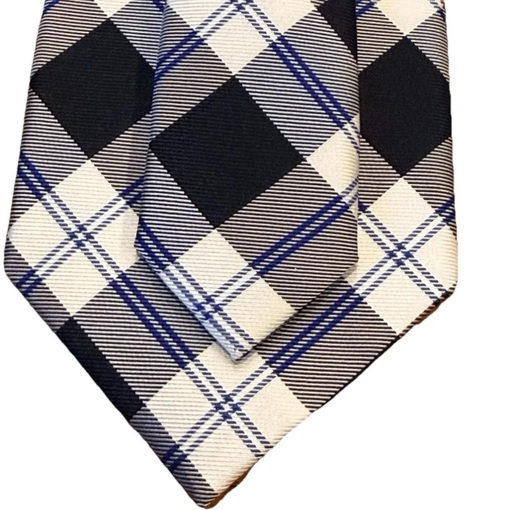 Tommy Hilfiger Silk Necktie Black White Blue Plaid Check Preppy